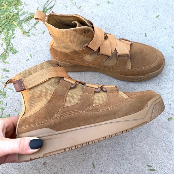 New Camel Brown Vegan Suede Velcro Tie High Top Boots - Picture 2 of 7